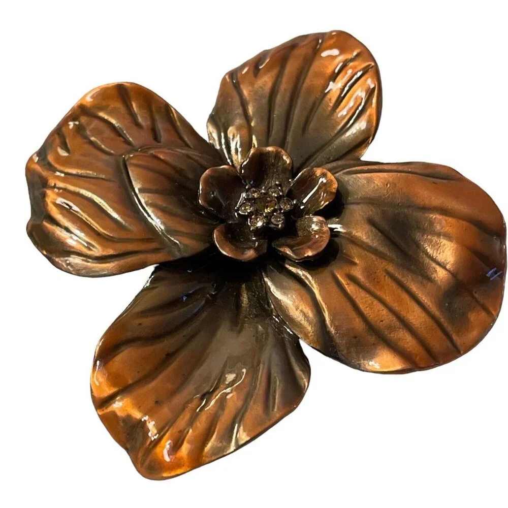 VTG Erwin Pearl Rhinestone Layered Petal‎ Flower Copper Color Enamel Brooch Pin
